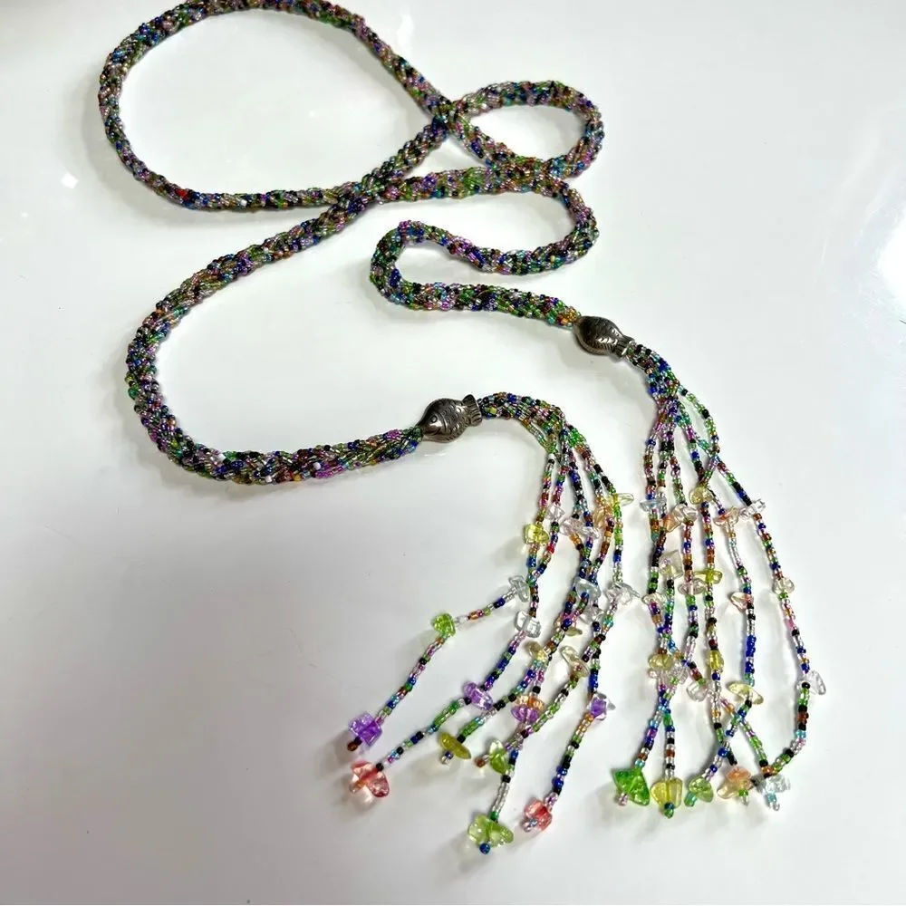 Vintage Tropical Rainbow Hand Beaded Lariat Fringe Necklace / Tie Belt